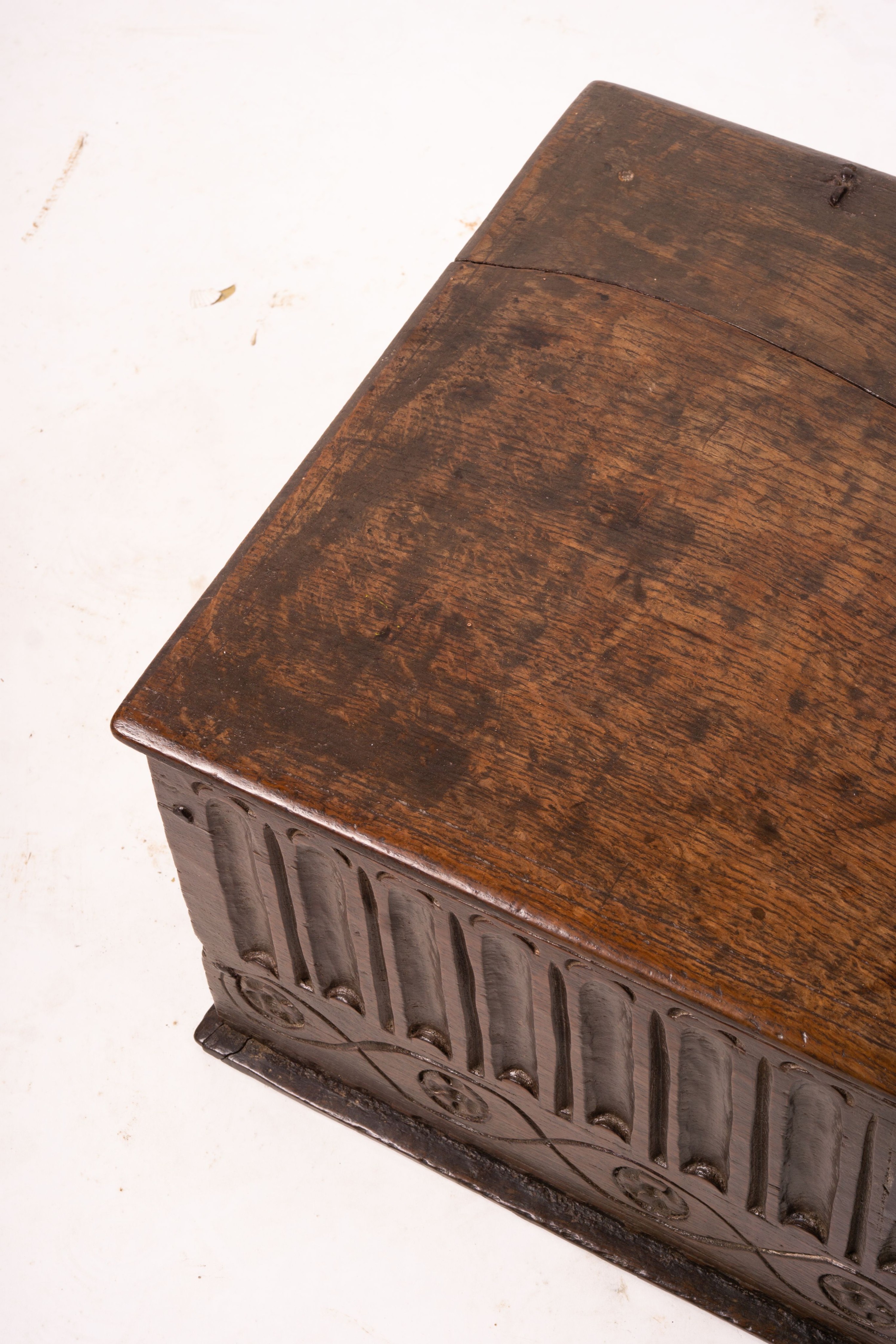 A 17th century rectangular carved oak bible box, W.74cm D.40cm H.25cm